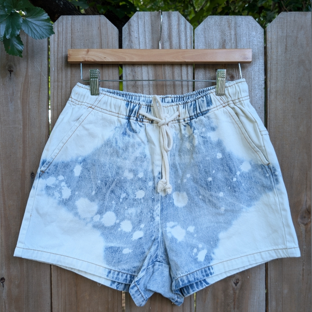 Easel High Rise Bleach Splatter Tie Waist Denim Blue Jean Shorts
